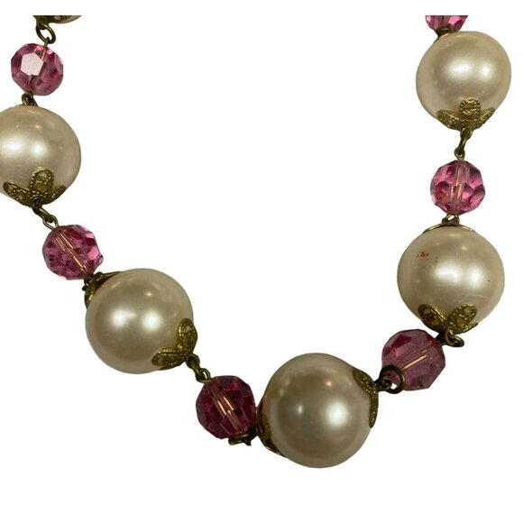 MCM Beaded Necklace and Clip on Earring Set - Pink AB and Faux Pearl Beads - Picture 2 of 8